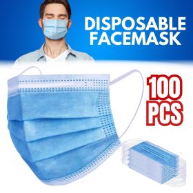 100 PC Face Mask Non Medical Surgical Disposable 3Ply Earloop Mouth Cover - Blue (Color: Blue)